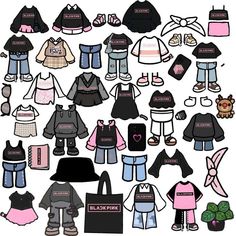 a collection of clothing and accessories for dolls