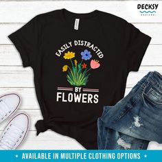 Flower Tshirt, Botanical Wildflowers Gift-Clothing:Gender-Neutral Adult Clothing:Tops & Tees:T-shirts:Graphic Tees-DecksyDesigns Flower Tank Top, Gardening Gifts, Easily Distracted, Hoodie Pullover, Fabric Floral, Unisex Tshirt, Black Casual, Black Tee, Pullover Sweater