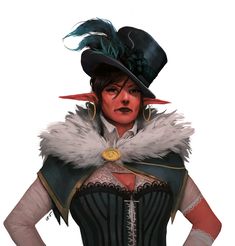 a woman wearing a top hat and feathered jacket with her hands on her hips