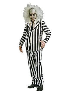 a man in a striped suit with white hair and clown make up on his face