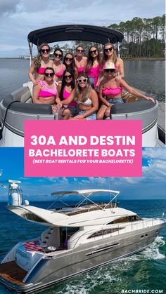 a group of women in pink bikinis on a boat with the caption 30a and destin bachelor boats