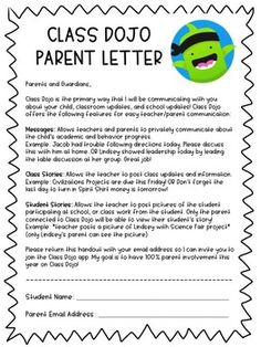 a letter that says class dojo parent letter with an image of a green monster