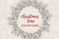 christmas time design elements and wreaths with hand drawn doodles on the background illustration