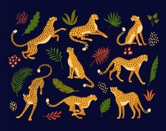 various types of cheetah and other animals on a blue background with leaves, flowers and berries