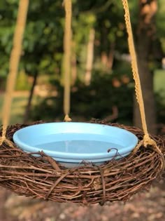 a blue plate is hanging from a bird's nest