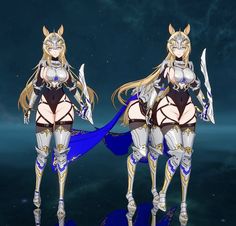 an animated image of two women dressed in armor and with long blonde hair, standing next to each other