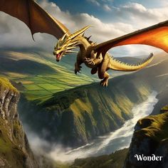 a large dragon flying over a lush green hillside