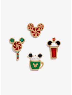 three mickey mouse pins with drinks and candy canes on the top one is red, one is green