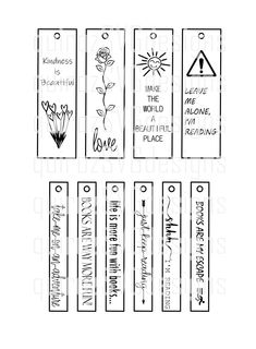 four bookmarks with the words love and flowers on them, each one has an arrow