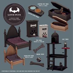 an assortment of cat furniture and accessories including a bed, litter box, dog house, bone bones, kittennip toy and other items