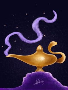 an artistic painting of a gold lamp on top of a purple hill with stars in the sky