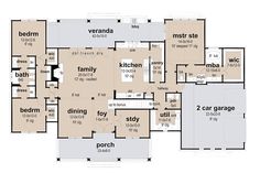 the first floor plan for this family home, with two car garages and separate living areas