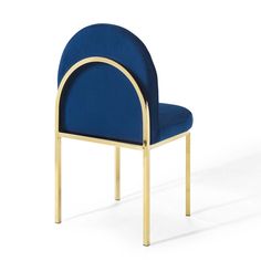 a blue chair with gold legs and a curved back, viewed from the front view