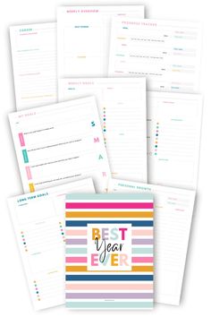 the best year ever printable planner is shown in five different colors and sizes, including pink