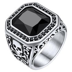 PRICES MAY VARY. Skull Black Onyx Ring for Men: Unique X bone skull design. Quality Stainless Steel Built, Keep Color Forever. Never Fade, Highly Resistant to Rust and Corrosion Sturdy and Well Made Signet Ring: Durable and Comfortable. Good looking ring. What you see is what you get Ring Size: Gemstone width: 21.8mm width, Ring Thickness: 2mm, 23.8 grams, ring size: 7/8/9/10/11/12/13/14 Available Feature-Big Square shaped gemstone top signet ring. Perfectly Suit for Both Men and Women Perfect d Classic Style Icons, Onyx Rings, Special Gifts For Him, Signet Rings, Stylish Rings, Punk Jewelry, Black Onyx Stone, Black Onyx Ring, Jewelry Images