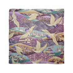 Microfiber polyester silky scarf with a slightly transparent effect. Vivid one side print, visible on the reverse. A Japanese kimono pattern with a crane and nature theme designed to appear as if embroidered onto the fabric. Japanese Fabric Pattern, Japanese Crane, Japanese Quilts, Pattern Scarf, Kimono Pattern, Asian Design, Silky Scarf, Patterned Scarves, Kimono Style