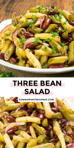 three bean salad on a white plate with the title above it