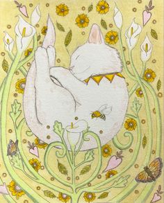 a drawing of a cat laying on its back in the middle of flowers and butterflies