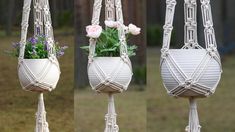 three pictures of white macrame planters with flowers in them and one has pink roses