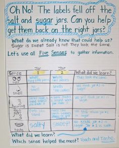 a poster on the wall that says, oh no the labels tell off the salt and sugar jars can you help get them back on the right jar?