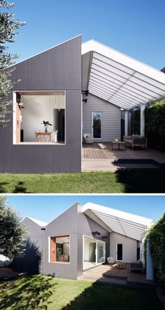 two pictures of the outside of a house