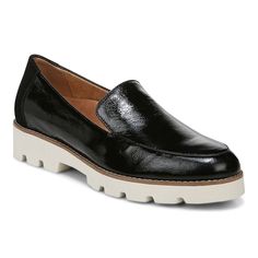 Upper: Leather. Footbed: Removable microfiber wrapped EVA. Outsole: Rubber. Platform Height: .75 Heel Height: 1.50 Platform Loafers, Vionic Shoes, Loafers Style, Athletic Fashion, Lug Sole, Black Patent Leather, Leather Slip Ons, Leather Loafers, Loafers For Women