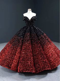 The pulsing combination of rich red and black color contrasting with beautiful sequins decoration makes it a novel and timeless silhouette. Enticing deep off the shoulder neckline with beautiful sleeveless and deep back style would make you look seductive and more appealing. Sparkly Ball Gown, Silver Wedding Dress, Off Shoulder Ball Gown, Robes D'occasion, Princess Prom Dresses, European Dress, Red Ball, Wedding Dress Fabrics, Dresses Elegant