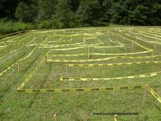 there is a maze in the grass with caution tape around it and trees in the background