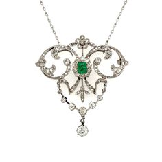 Edwardian Emerald and Diamond Lavalier Necklace at Regard Jewelry in Austin, Texas - Regard Jewelry Classic Hallmarked Emerald Necklace With Diamonds, Classic Hallmarked Diamond Emerald Necklace, Classic Hallmarked Emerald And Diamond Necklace, Classic Emerald And Diamond Necklace, Formal Platinum Necklace With Rose Cut Diamonds, Classic Platinum Necklace With Rose Cut Diamonds, Antique White Gold Diamond Necklace, Vintage Pendant Diamond Necklace With Single Cut Diamonds, Antique White Gold Diamond Pendant Necklace