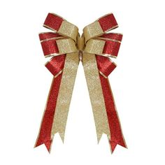 two red and gold bows with ribbons on top of each other in the shape of an arrow