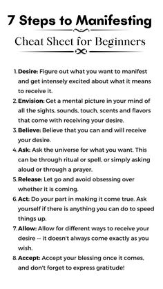 7 Steps for Manifestation Cheat Sheet for Beginners | Here are some steps on how to manifest faster and effectively. How To Manifest For Beginners, Manifestation Cheat Sheet, Basics Of Manifestation, Tips For Manifestation, What Is Manifesting, Manifestation How To, How Manifest, Manefistation Methods, Manifesting For Beginners