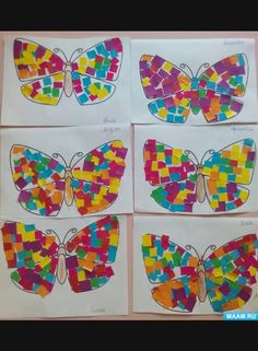 four butterflies made out of colored paper on top of a white sheet with words that read,