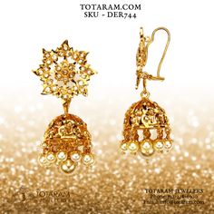 22K Gold Uncut Diamond Jhumkas (Karan Phool) With Japanese Culture & South Sea Pearls Yellow Gold Kundan Jhumkas With Cutdana, Bollywood Style Yellow Gold Jhumkas With Cutdana, Traditional Yellow Gold Jhumkas With Cutdana, Yellow Gold Kundan Jhumkas With Intricate Design, Traditional Gold Jhumkas With Cutdana, Gold Cutdana Jhumkas For Festivals, Gold Jhumkas For Ceremonial Festivals, Traditional Gold Cutdana Jhumkas, Traditional Yellow Gold Tilla Jhumkas