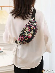 BirdinBag - Womens Floral Print Waist Bag with Multiple Pockets and Compartments Summer Black Bag With Pockets, Summer School Pouch Bag, Casual Travel Pouch For Spring, Trendy Multicolor Bags With Pockets, Trendy Multicolor Belt Bag, Multicolor Summer Bags With Pockets, Casual Black Belt Bag For Summer, Casual Portable Pouch, Bum Bag