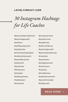 the instagram hashs for life coaches are displayed on a white background with text overlay