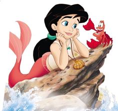 the little mermaid is sitting on top of a rock and looking at her fish friend