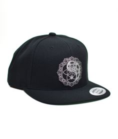 Metallic Silver Yin Yang Snapback Hat - Sacred Geometry Snapback - Festival Hat This black snapback hat features a large laser engraved faux leather patch with my hand drawn Yin Yang design. The design is engraved into black faux leather revealing a shimmery metallic silver finish. This patch is attached to the snapback with a strong waterproof fabric glue. Snapback style with a classic green under-bill. Adjustable Hip Hop Cap, Black Flat Cap For Festivals, Adjustable Flat Bill Snapback Hat Hip Hop Style, Black Adjustable Hip Hop Baseball Cap, Adjustable Black Hip Hop Baseball Cap, Black Adjustable Snapback Hat With Flat Crown, Adjustable Black Snapback Hat With Flat Crown, Adjustable Hip Hop Snapback Hat, Adjustable Hip Hop Baseball Cap