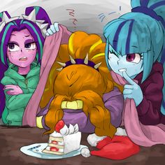 three cartoon characters sitting on the floor with one eating cake and another looking at her cell phone