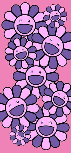 a bunch of purple flowers on a pink background