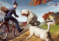 a man riding a bike next to a white dog on a leash with its mouth open