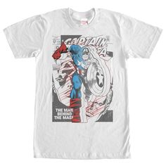 Captain America must struggle to find his true identity on the Marvel Captain America Behind the Mask White T-Shirt. The original comic book cover from June 1969 is displayed across this white Marvel shirt in distressed red, blue, and black print. Size: 2xl. Gender: male. Age Group: adult. Pattern: Superheroes. Material: Cotton. Funny Deadpool, Captain America T Shirt, Captain America Shirt, America Shirts, Behind The Mask, Captain America Comic, Mask White, Marvel Clothes, Marvel Shirt