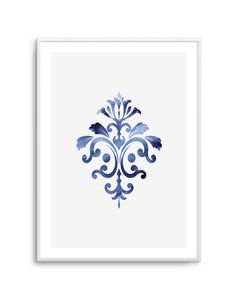 a blue and white print with an ornate design in the middle, on a white background