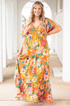 Chic Soul plus size clothing, orange multicolor floral pattern maxi dress with ruffled v neck Spring Maternity Maxi Dress Flowy, Feminine Maternity Maxi Dress With Floral Print, Floral Print Maternity Maxi Dress For Summer, Summer Floral Print Flowy Maternity Dress, Bohemian Floral Print Maternity Maxi Dress, Off Shoulder Dresses, Midi Dress Party, Maxi Dress Party, Model Fits