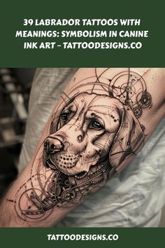 Detailed geometric tattoo of a Labrador on a person's forearm with ornate clockwork elements, representing a design from TATTOODESIGNS.CO. Labrador Retriever