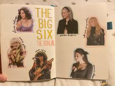 an open book with pictures of women in different outfits and words on the pages that say, the big six