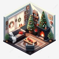 christmas living room with fireplace and christmas tree in the isometric isometry christmas firepl Christmas Isometric, Fireplace And Christmas Tree, Christmas Living Room, Christmas Decorations Living Room, Christmas Living Rooms, Christmas Fireplace