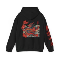 Dragon Japanese Hoodie - This unisex heavy blend hoodie boasts a bold style and ultimate comfort, perfect for those looking to make a statement while staying cozy. Ideal for anime lovers, streetwear enthusiasts, and anyone who appreciates unique and eye-catching designs. Perfect for casual wear, lounging at home, or attending comic conventions and anime events. Product features - Spacious kangaroo pouch pocket for keeping hands warm - Adjustable drawstring hood for customizable fit - Seamless de Winter Graphic Print Crew Neck Hoodie, Oversized Hoodie With Screen Print For Winter, Heavyweight Long Sleeve Sweatshirt With Adjustable Hood, Graphic Print Hooded Fleece Sweater, Techwear Fleece Hoodie With Crew Neck, Winter Band Merch Hooded Sweatshirt, Relaxed Fit Graphic Print Hooded Hoodie, Winter Hooded Band Merch Sweatshirt, Winter Graphic Print Hoodie Sweatshirt