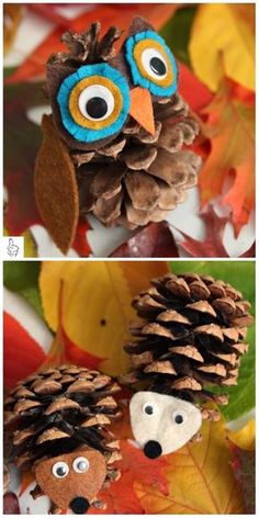 two pictures of pine cones with googly eyes and an owl made out of them