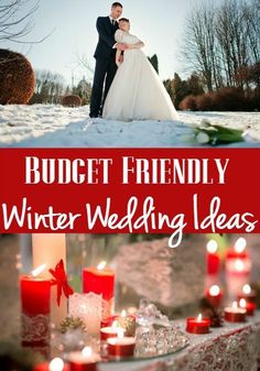 a bride and groom standing next to each other in the snow with candles around them