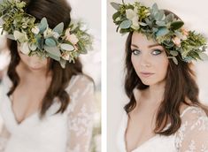 a woman with flowers in her hair is wearing a flower crown and looking at the camera